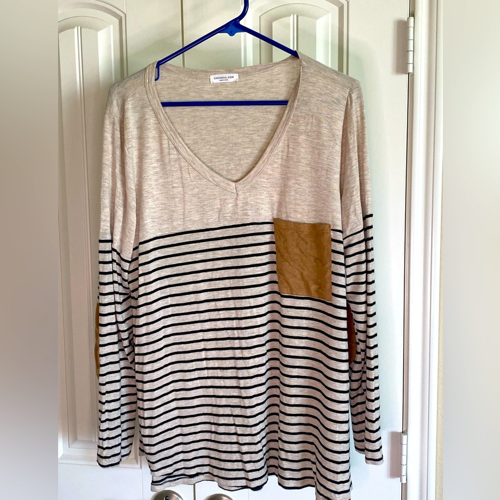 Oatmeal/Black Long Sleeve Shirt with Elbow Patches by Chic Soul
